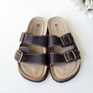 White Mountain Helga Brown Leather Sandals Double Buckle Comfort Footbed Slip-On